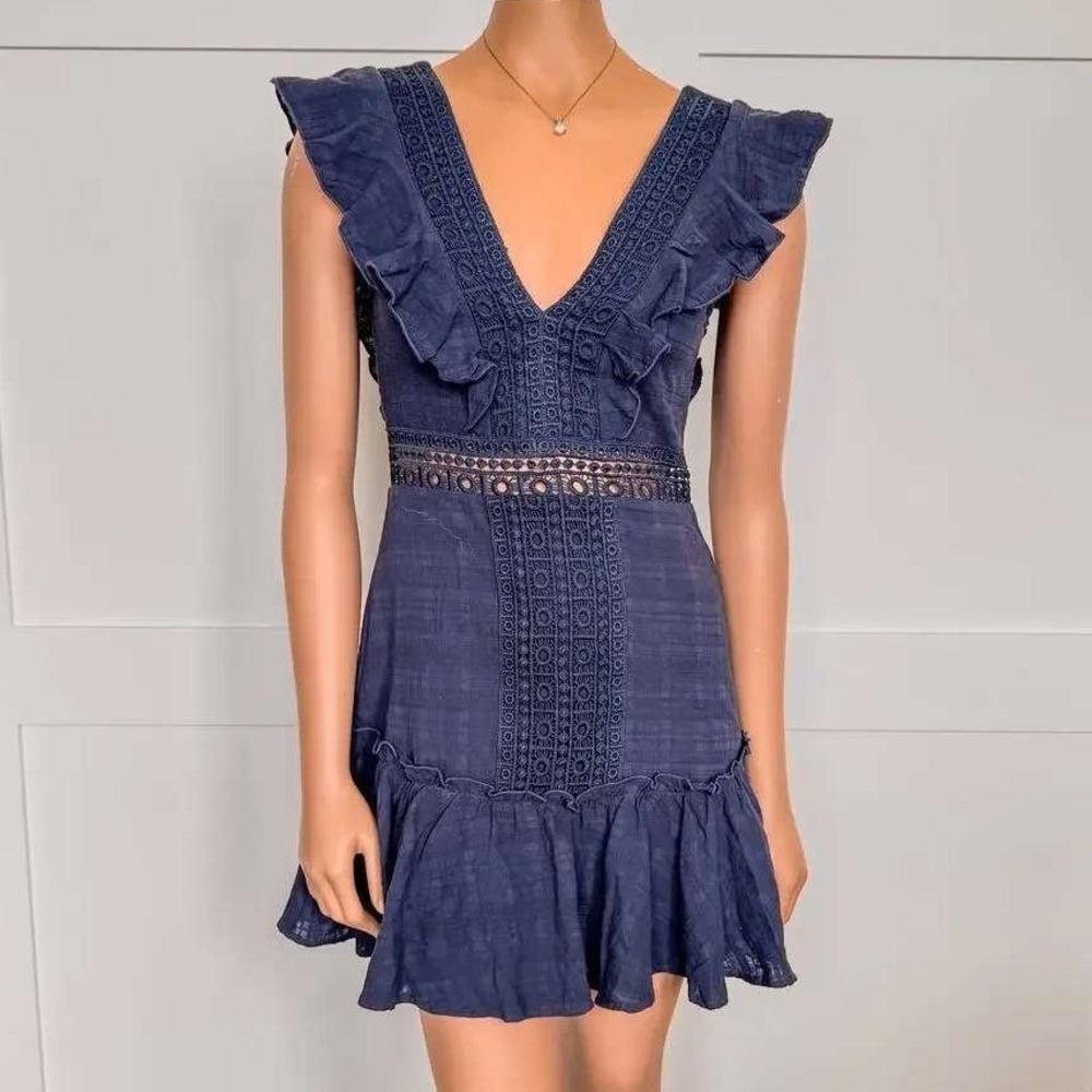 Francescas Navy Blue Crochet Lace Ruffle Mini Dress Coquette Feminine Romantic S